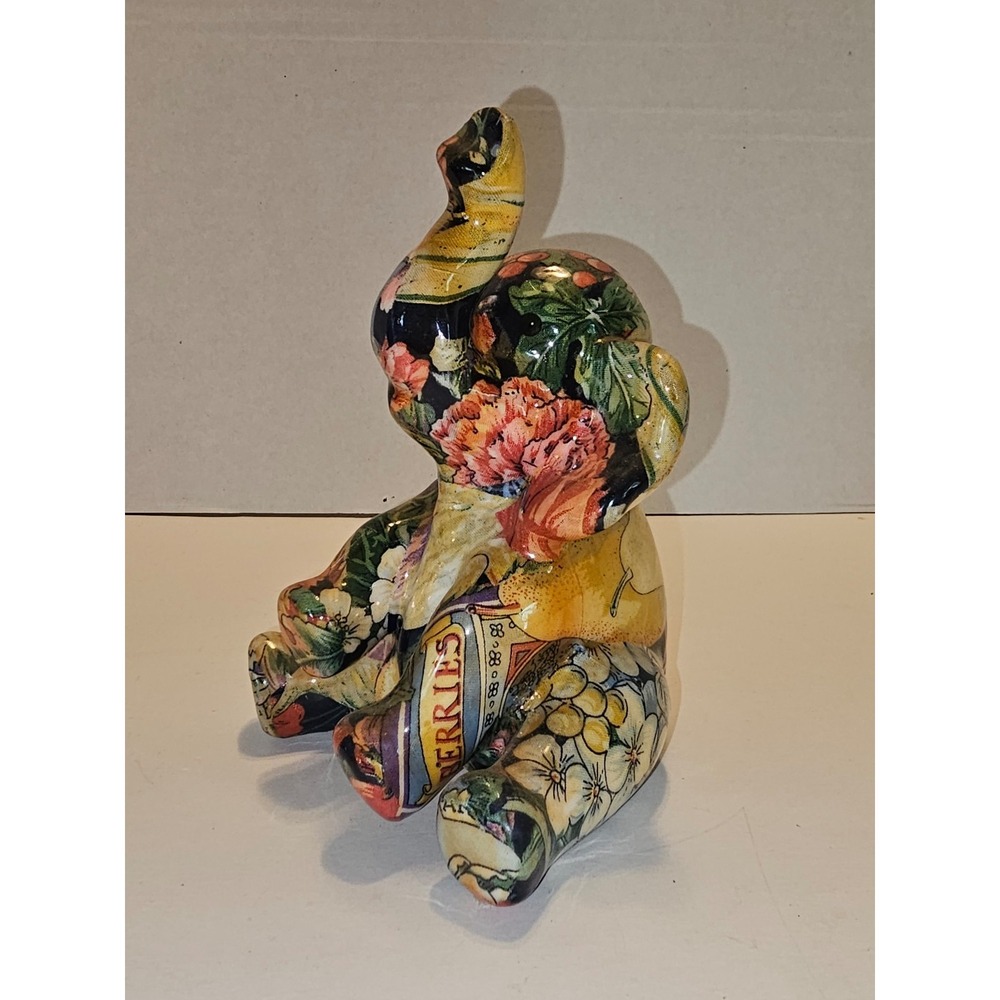 Vtg La Vie Sitting Elephant Ceramic Figurine Floral Fruit Patchwork Decoupage